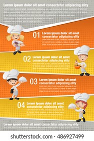 Vector brochure backgrounds with cartoon chefs cooking and holding tray with food. Infographic template design.
