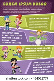 Vector brochure backgrounds with cartoon children playing on a rock'n'roll band. Infographic template design.