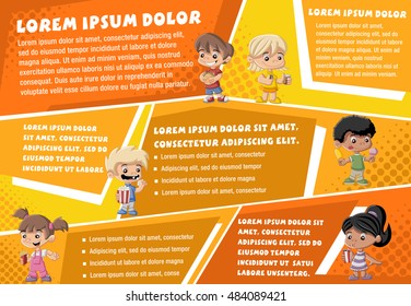 Vector brochure backgrounds with cartoon children eating junk food. Infographic template design.