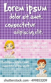 Antecedentes de folletos vectores con niños de dibujos animados en pijamas cepillando dientes. Diseño de plantilla de infografía.
