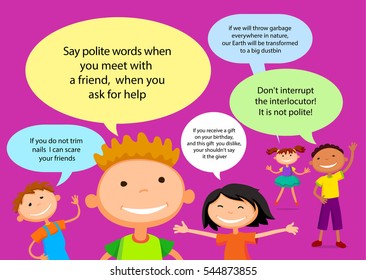 Vector brochure backgrounds with cartoon children. balloon template design. Courtesy lesson for children rights to the banner advertisement for children illustration
