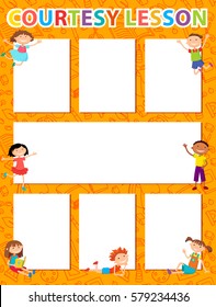 Vector brochure backgrounds with cartoon children. Infographic template design. Courtesy lesson for children rights to the banner advertisement for children illustration vertical