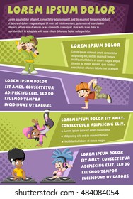 Vector brochure backgrounds with cartoon hip hop dancers with a singer and a dj playing music. Infographic template design.