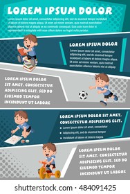 Vector brochure backgrounds with happy cartoon boy playing. Infographic template design.

