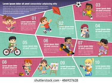 Vector brochure backgrounds with happy cartoon children playing. Infographic template design.
