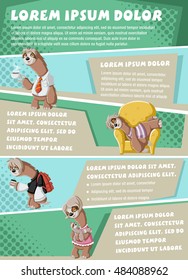 Vector brochure backgrounds with lazy cartoon sloths. Infographic template design.
