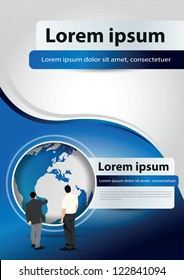 Vector brochure blue background concept for company with managers and world