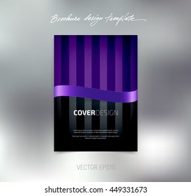 Vector brochure or booklet cover design template. Business concept. Flyer idea. Glossy silky ribbon. Vertical stripes. Purple tones