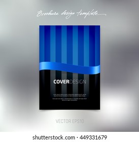 Vector brochure or booklet cover design template. Business concept. Flyer idea. Glossy silky ribbon. Vertical stripes. Blue tones