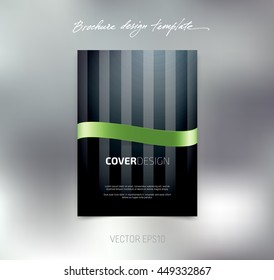 Vector brochure or booklet cover design template. Business concept. Flyer idea. Glossy green silky ribbon. Vertical stripes.