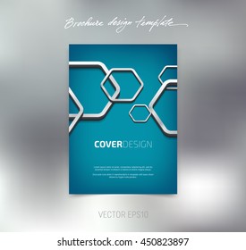Vector brochure or booklet cover design template. Business concept. Flyer idea. 3d hexagonal glossy stainless steel shapes background