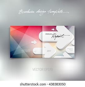 Vector brochure or booklet design template. Business concept. White 3d arrows over colorful geometric polygonal background. Cover and back