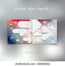 Vector brochure or booklet design template. Business concept. White 3d arrows over colorful geometric polygonal background. Cover and back