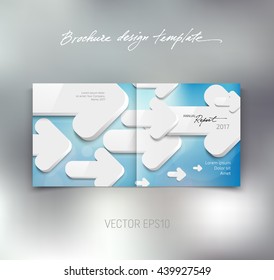 Vector brochure or booklet design template. Cover and back. Business concept.  White 3d arrows on blurred bokeh background
