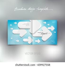 Vector brochure or booklet design template. Cover and back. Business concept.  White 3d arrows on blurred bokeh background