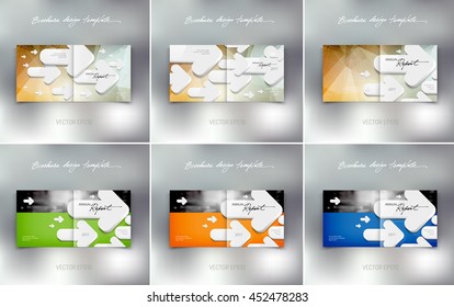 Vector brochure or booklet design templates collection. Cover and back. Business concept. White 3d arrows on bright background