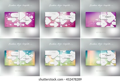 Vector brochure or booklet design templates collection. Cover and back. Business concept. White 3d arrows on bright background