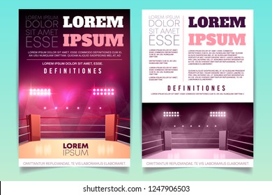 Vector brochure with boxing ring for competition, tournament. Booklet with illuminated sports area for fighting, dangerous sport. Empty arena with shining spotlights, ropes. Leaflet with coming match.