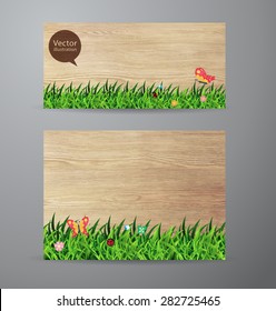 Vector brochure business banner design template, With green grass over wood fence background