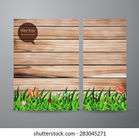 Vector brochure business banner design template, With green grass on wood fence background