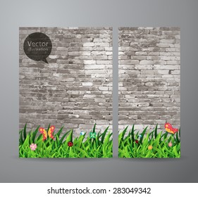 Vector brochure business banner design template, With green grass over brick wall background
