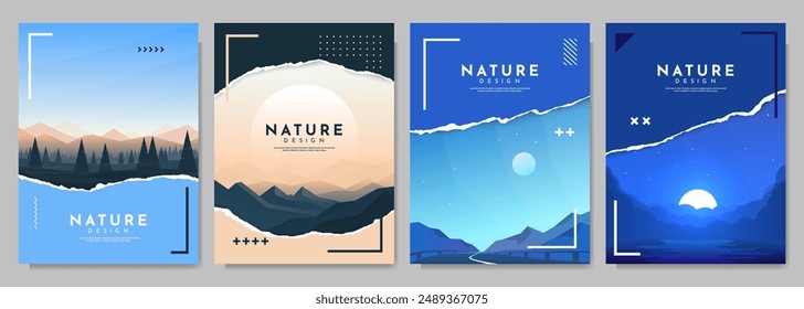 Vector brochure cards set of flat landscape. Nature scene of forest, mountains, road and lake. Ripped paper effect. Flat design template of flyer, magazine, book cover, banner, invitation, poster.