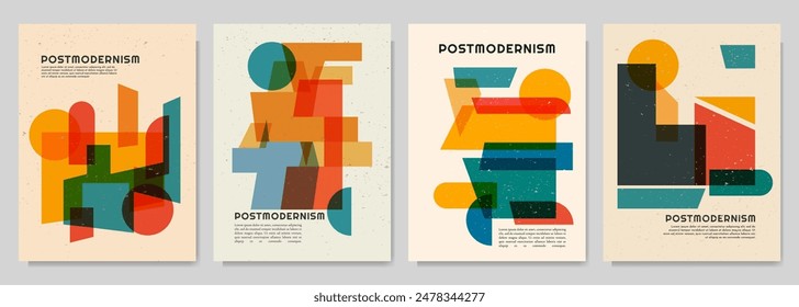 Vector brochure cards set. Geometric shapes in postmodern style. Dynamic abstract flat mid-century design template of flyer, magazine, book cover, banner, invitation, poster, layout. Inspired artwork