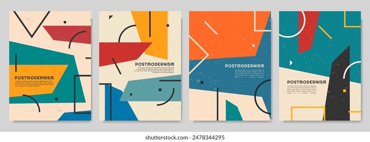 Vector brochure cards set. Geometric shapes in postmodern style. Dynamic abstract flat mid-century design template of flyer, magazine, book cover, banner, invitation, poster, layout. Inspired artwork