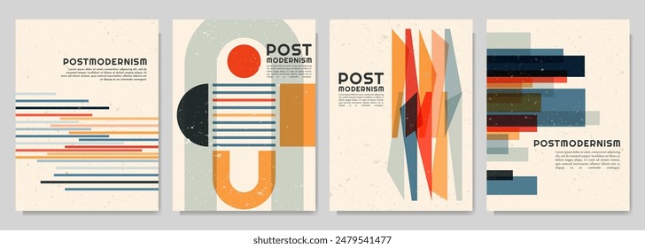 Vector brochure cards set. Geometric shapes in postmodern style. Dynamic abstract flat mid-century design template of flyer, magazine, book cover, banner, invitation, poster, layout. Inspired artwork