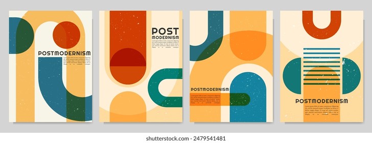 Conjunto de tarjetas de folleto de Vector. Formas geométricas en estilo posmoderno. Diseño plano dinámico de mediados de siglo Plantilla de volante, revista, portada de libro, Anuncio, invitación, cartel, diseño. Obra de arte inspirada