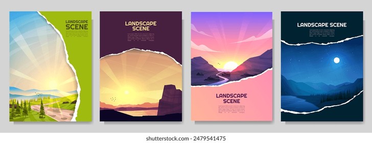 Vector brochure cards set of landscape. Nature scene of footpath in meadow, serene sunset, night. Ripped paper effect. Flat design template of flyer, magazine, book cover, banner, invitation, poster.