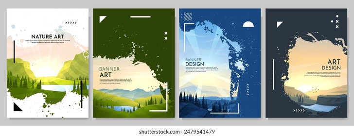 Vector brochure cards set of landscape. Nature scene of sunset, lake by meadow and mountains. Ink splatter overlay. Flat design template of flyer, magazine, book cover, banner, invitation, poster.