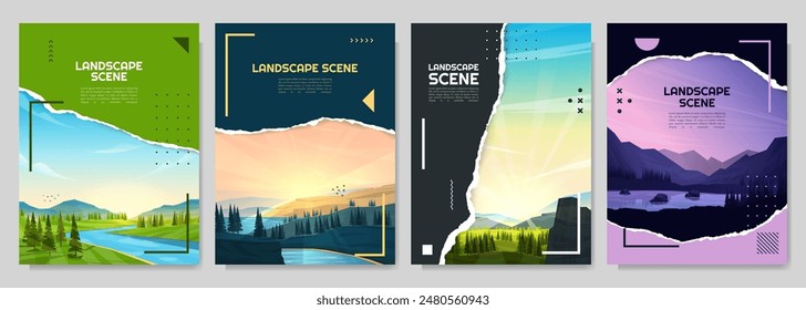 Vector brochure cards set of landscape. Nature scene of water lake by woodland, cliff by forest. Ripped paper effect. Flat design template of flyer, magazine, book cover, banner, invitation, poster.