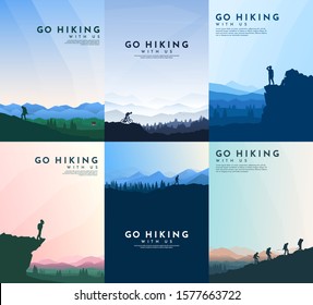 Vector Brochure Cards Set. Travel Concept Of Discovering, Exploring And Observing Nature. Hiking. Adventure Tourism. Flat Design Template Of Flyer, Magazine, Book Cover, Banner, Invitation, Poster. 