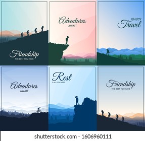 Vector brochure cards set. Travel concept of discovering, exploring and observing nature. Hiking. Adventure tourism. Flat design template of flyer, magazine, book cover, banner, invitation, poster. 