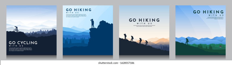 Vector brochure cards set. Travel concept of discovering, exploring and observing nature. Hiking. Climbing. Adventure tourism. Flat design for social media, blog post, poster, invitation. gift card.