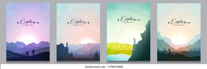 Vector brochure cards set. Travel concept of discovering, exploring and observing nature. Hiking. Adventure tourism. Flat design template of flyer, magazine, book cover, banner, invitation, poster.