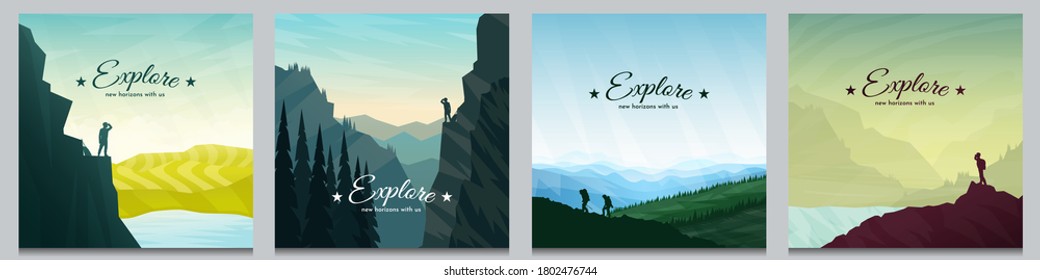 Vector brochure cards set. Travel concept of discovering, exploring and observing nature. Hiking. Climbing. Adventure tourism. Flat design for social media, blog post, poster, invitation, gift card.