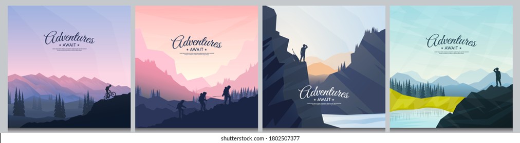 Vector brochure cards set. Travel concept of discovering, exploring and observing nature. Hiking. Climbing. Adventure tourism. Flat design for social media, blog post, poster, invitation, gift card.