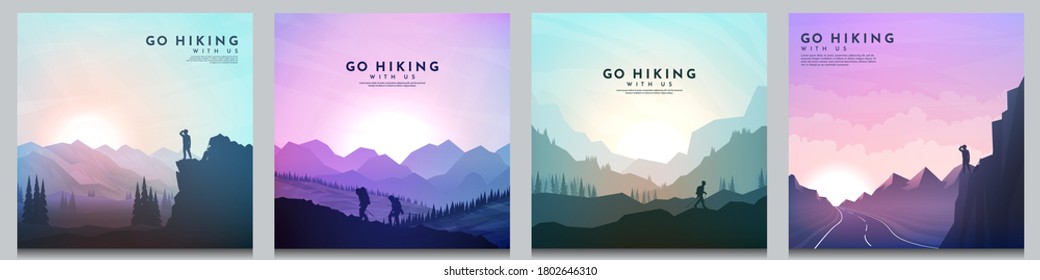 Vector brochure cards set. Travel concept of discovering, exploring and observing nature. Hiking. Climbing. Adventure tourism. Flat design for social media, blog post, poster, invitation, gift card.