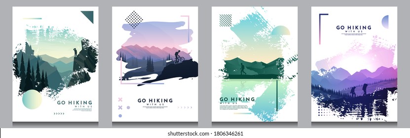 Vector brochure cards set. Travel concept of discovering, exploring and observing nature. Hiking. Adventure tourism. Flat design template of flyer, magazine, book cover, banner, invitation, poster. - Shutterstock ID 1806346261