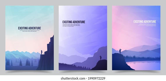 Vector brochure cards set. Travel concept of discovering, exploring and observing nature. Hiking. Climbing. Adventure tourism. Flat design for poster, book cover, magazine, layout, flyer, voucher