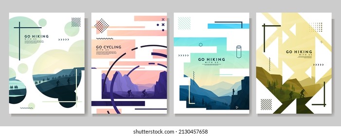 Vector brochure cards set. Travel concept of discovering, exploring and observing nature. Hiking. Adventure tourism. Flat design for poster, book cover, magazine. Geometric shapes. Memphis pattern