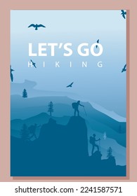 Vector brochure cards set. Travel concept of discovering, exploring and observing nature. Hiking. Adventure tourism. Flat design template of flyer, magazine, book cover, banner, invitation, poster.