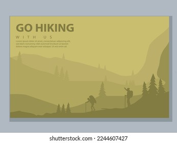 Vector brochure cards set. Travel concept of discovering, exploring and observing nature. Hiking. Adventure tourism. Flat design template of flyer, magazine, book cover, banner, invitation, poster.