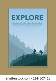 Juego de tarjetas de folleto de vectores. Concepto de viajes de descubrir, explorar y observar la naturaleza. Senderismo. Turismo de aventura. Plano plano de diseño de volante, revista, portada de libros, banner, invitación, afiche.