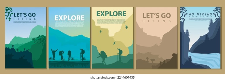 Vector brochure cards set. Travel concept of discovering, exploring and observing nature. Hiking. Adventure tourism. Flat design template of flyer, magazine, book cover, banner, invitation, poster.