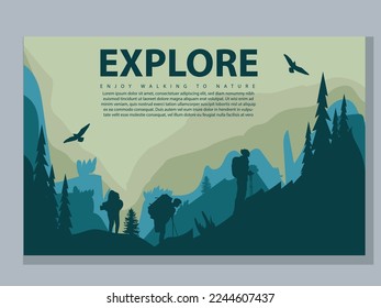 Vector brochure cards set. Travel concept of discovering, exploring and observing nature. Hiking. Adventure tourism. Flat design template of flyer, magazine, book cover, banner, invitation, poster.