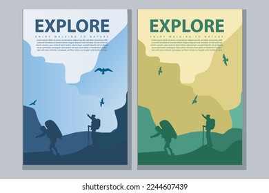 Vector brochure cards set. Travel concept of discovering, exploring and observing nature. Hiking. Adventure tourism. Flat design template of flyer, magazine, book cover, banner, invitation, poster.