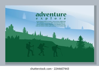 Vektorbroschürenkarten-Set. Reisekonzept der Entdeckung, Erkundung und Beobachtung der Natur. Wandern. Abenteuertourismus. Flaches Design Vorlage für Flyer, Magazin, Buchcover, Banner, Einladung, Poster.